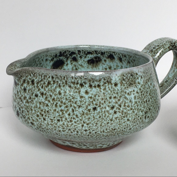 Sugar and creamer hand made speckled drip glaze green brown EUC unique vintage - Picture 7 of 16